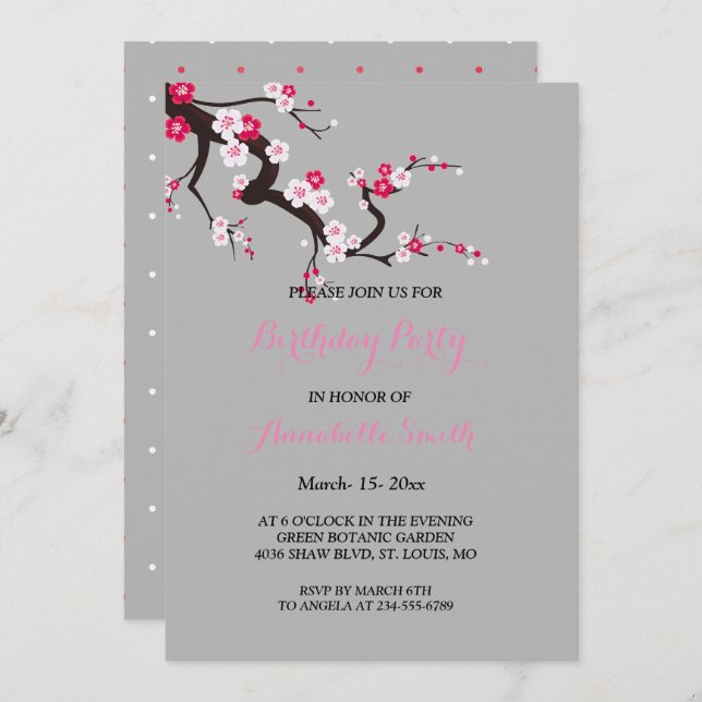 Elegant Cherry Blossom Pink White floral Birthday Invitation (Front/Back)