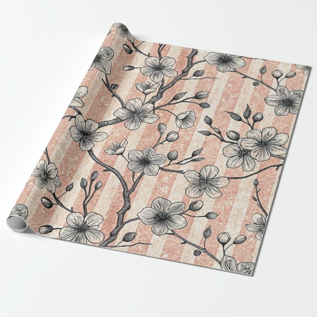 Elegant Cherry Blossom Sakura - Pink & White Wrapping Paper (Unrolled)