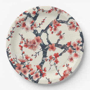 Elegant Cherry Blossom Seamless Pattern (13) Paper Plate