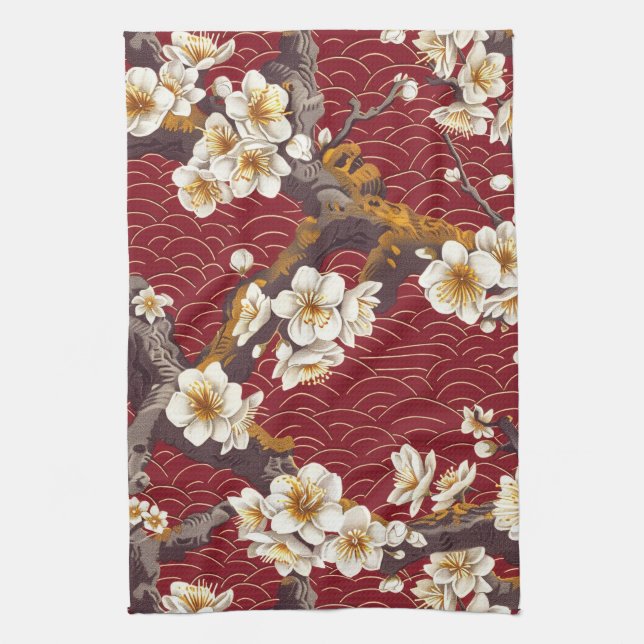 Elegant Cherry Blossom Seamless Pattern (17) Tea Towel (Vertical)