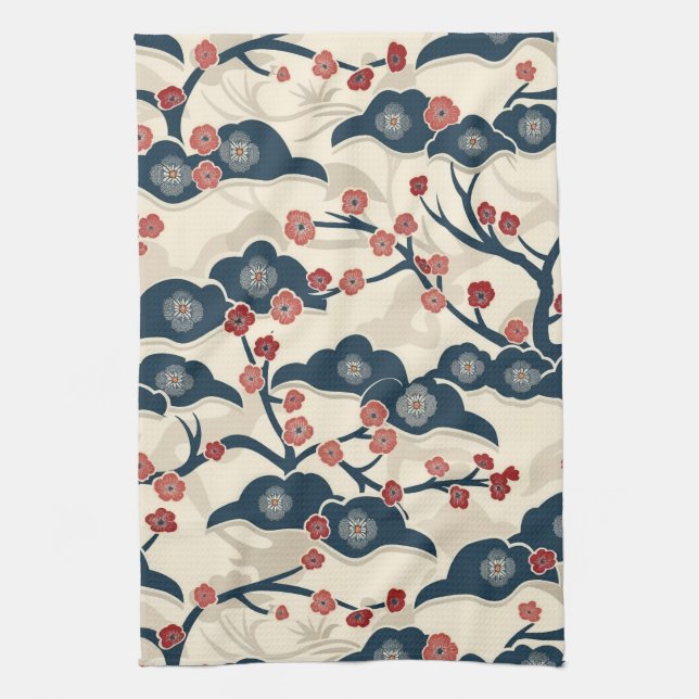 Elegant Cherry Blossom Seamless Pattern (2) Tea Towel (Vertical)