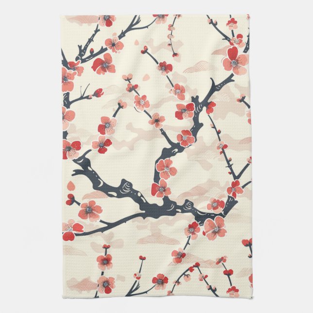 Elegant Cherry Blossom Seamless Pattern (5) Tea Towel (Vertical)