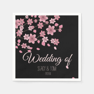 Elegant Cherry Blossom Tree Petals Black Wedding Napkin