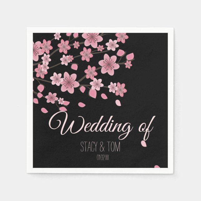 Elegant Cherry Blossom Tree Petals Black Wedding Napkin (Front)