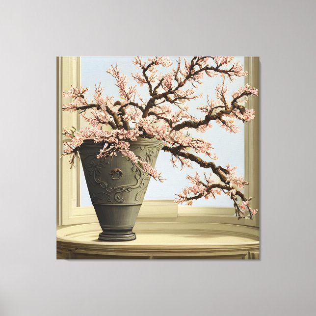 Elegant Cherry Blossom Vase by Window Canvas Print (Front)