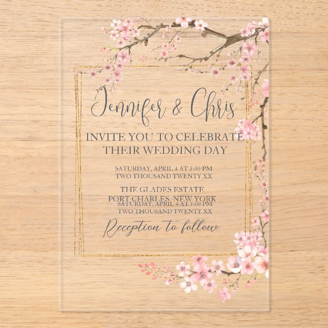 Elegant Cherry Blossom Wedding Acrylic Invitations (Front)