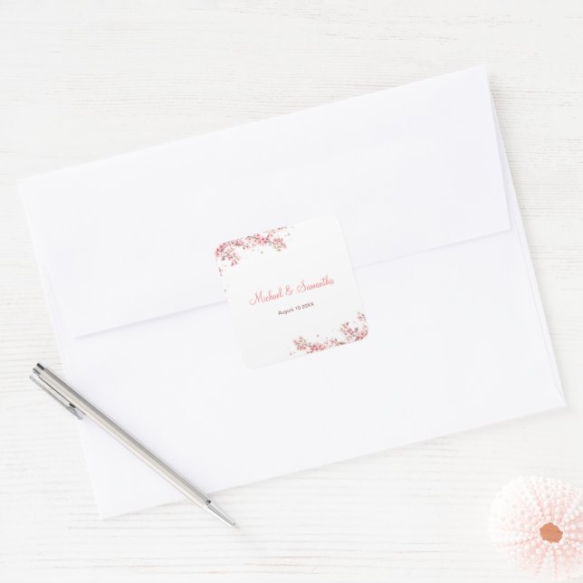 Elegant Cherry Blossom Wedding Square Sticker (Envelope)