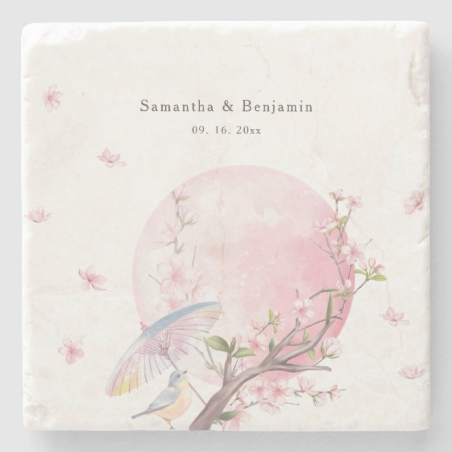 Elegant Cherry Blossom Wedding Stone Coaster (Front)