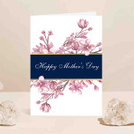 Elegant Cherry Blossoms Mother's Day Card<br><div class="desc">Make her feel truly special this year with a card as beautiful as she is. This eye-catching Mother's Day card features lush, hand-drawn botanical cherry blossoms framing a navy blue and faux gold foil banner with elegant script font "Happy Mother's Day" wording. Easily customize the message inside and even add...</div>