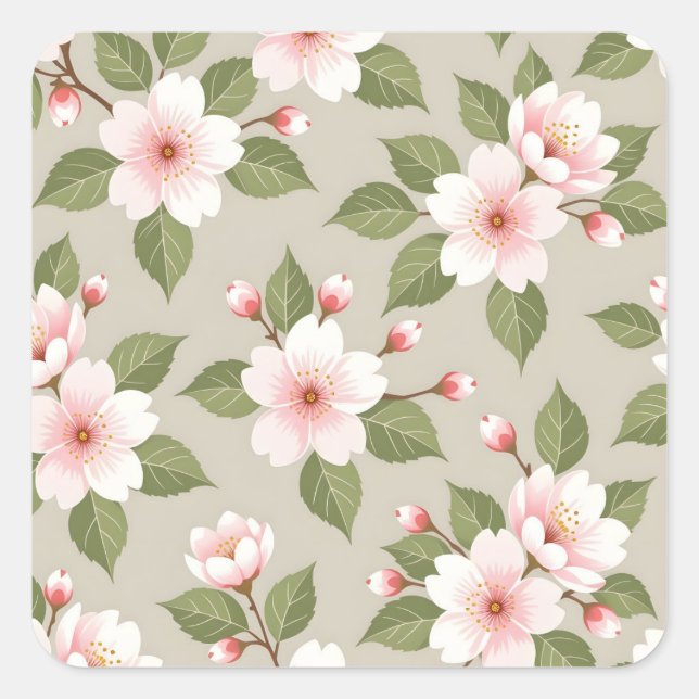 Elegant cherry blossoms seamless pattern square sticker (Front)