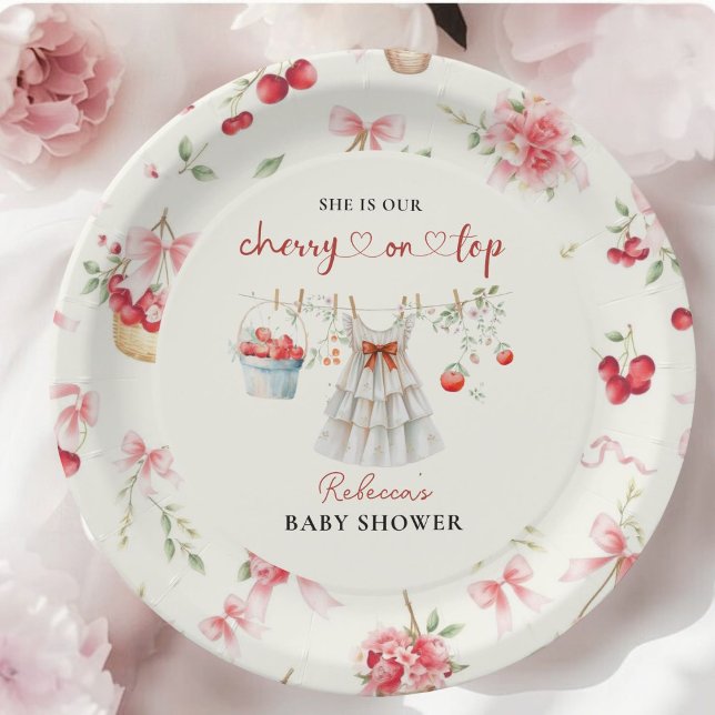 Elegant Cherry on Top Pink Bow Baby Shower  Paper Plate (Creator Uploaded)