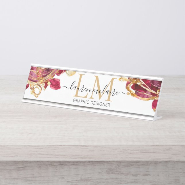 Elegant Cherry Red & Gold Monogram Script  Desk Name Plate (Front)
