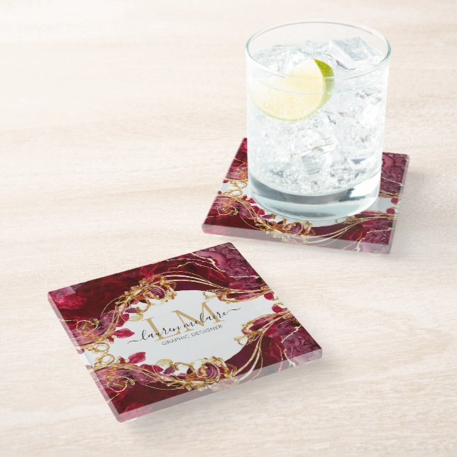Elegant Cherry Red & Gold Monogram Script Glass Coaster (Angled)