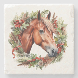Elegant Chestnut Horse Christmas Holiday Wreath Stone Coaster