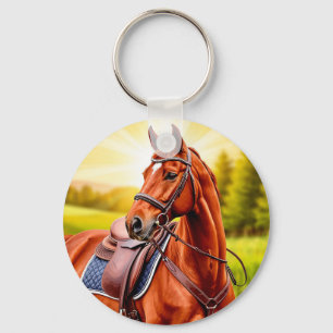 Elegant Chestnut Horse with Saddle Key Ring