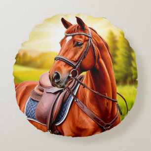 Elegant Chestnut Horse with Saddle Round Cushion