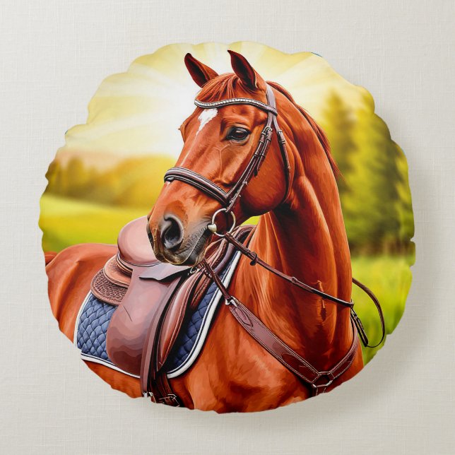 Elegant Chestnut Horse with Saddle Round Cushion (Front)