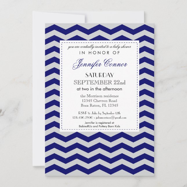 Elegant Chevron Baby Shower Navy Blue Invitation (Front)