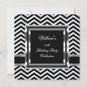 Elegant Chevron Black Silver Birthday Party Mens Invitation