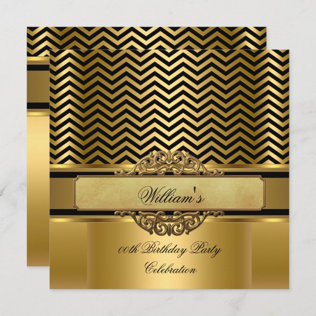 Elegant Chevron Gold Black Stripe Birthday Party Invitation (Front/Back)