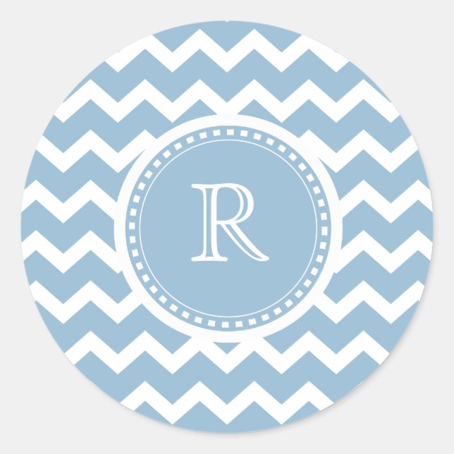 Elegant Chevron Light Aqua Green Monogram Classic Round Sticker (Front)