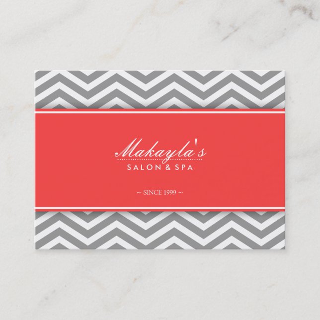 Elegant Chevron Modern Grey & White with Coral Business Card (Front)