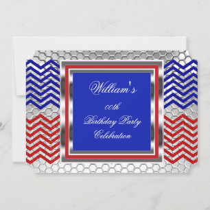Elegant Chevron Red Blue Silver Birthday Party Invitation