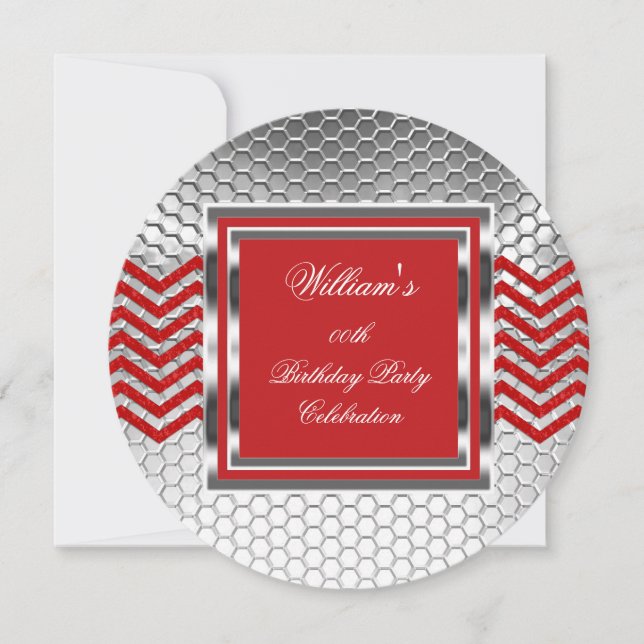 Elegant Chevron Red Silver Birthday Party Mens Invitation (Front)