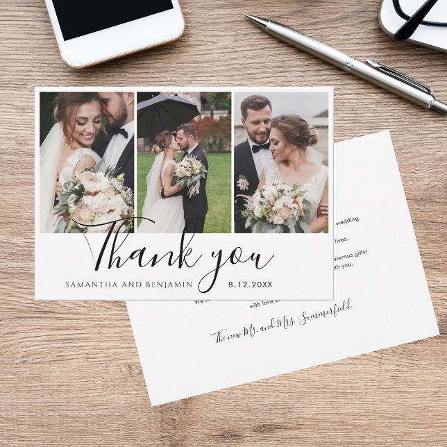 Elegant Chic 3 Wedding Photos Script Thank You Card (Elegant Chic 3 Wedding Photos Script Thank You Card)