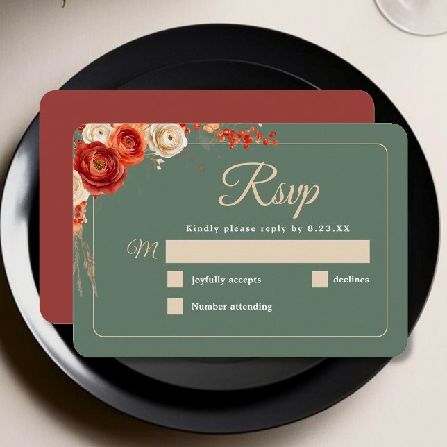 Elegant chic autumn orange sage floral wedding  RSVP card (Creator Uploaded)