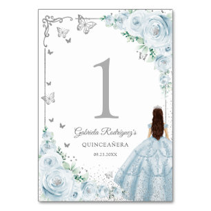 Elegant Chic Baby Blue Roses Silver Quinceanera Table Number