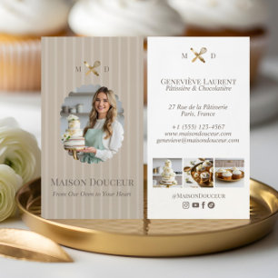 Elegant Chic Bakery Stripes & Gold Whisk Photo  Business Card