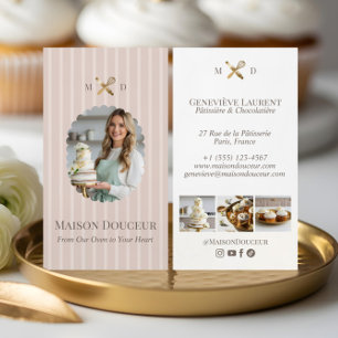 Elegant Chic Bakery Stripes & Gold Whisk Photo  Business Card