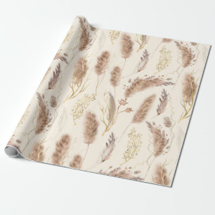 Elegant Chic Beige Golden Pampas Grass Pattern Wrapping Paper