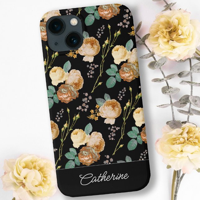 Elegant Chic Beige Roses Floral on Black  Case-Mate iPhone Case (Creator Uploaded)