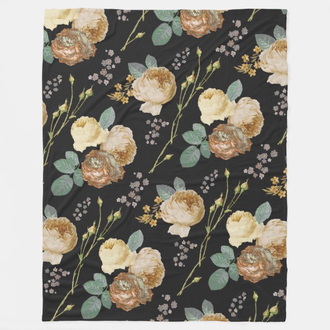 Elegant Chic Beige Roses Floral on Black  Fleece Blanket (Front)