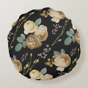 Elegant Chic Beige Roses Floral on Black Round Cushion