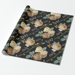 Elegant Chic Beige Roses Floral on Black Wrapping Paper