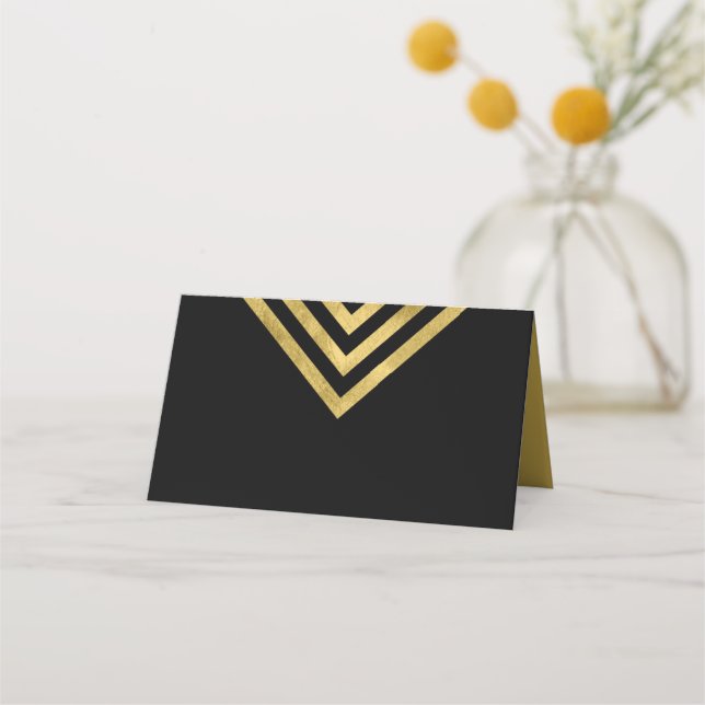 Elegant Chic Black and Faux Gold Geometric Place Card (Front)