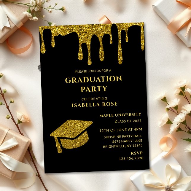 Elegant Chic Black and Gold 2025 Graduation Party Invitation (Elegant chic black and gold class of 2025 graduation party invitations, graduation invitations cards)