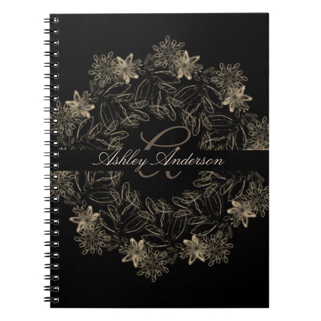Elegant Chic Black and Gold Floral Script Monogram Notebook (Front)