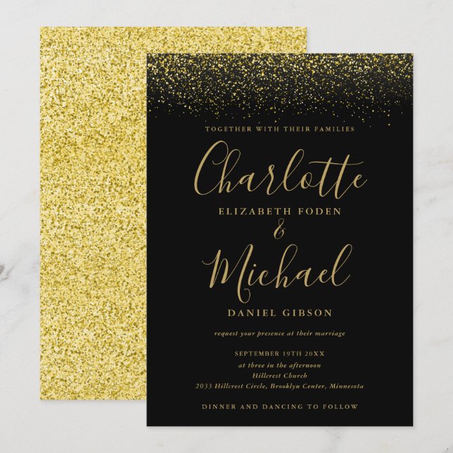 Elegant Chic Black And Gold Glitter Script Wedding Invitation (Front/Back)