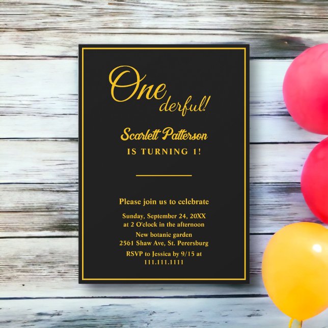 Elegant Chic Black And Gold Minimal 1st Birthday Invitation (Creator Uploaded)