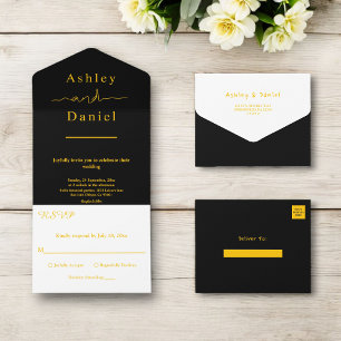 Elegant Chic Black And Gold Modern Luxury Wedding All In One Invitation