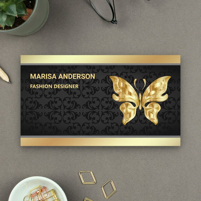 Elegant Chic Black Damask Faux Gold Foil Butterfly Business Card (Creator Uploaded)