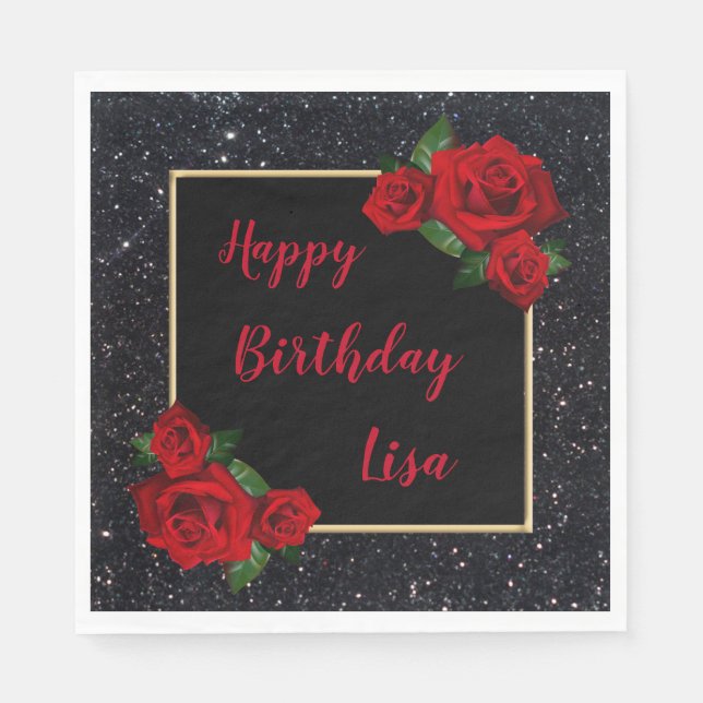Elegant Chic Black Glitter Red Roses Birthday Napkin (Front)