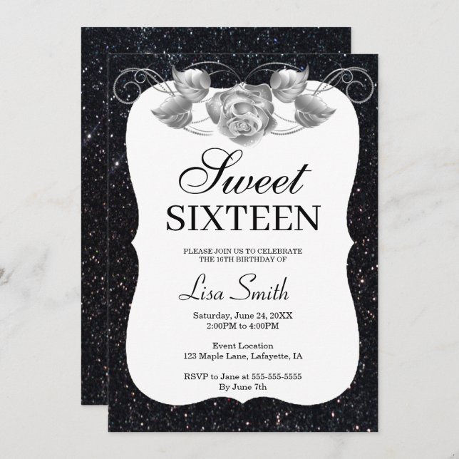 Elegant Chic Black Glitter Silver Rose Sweet 16 Invitation (Front/Back)