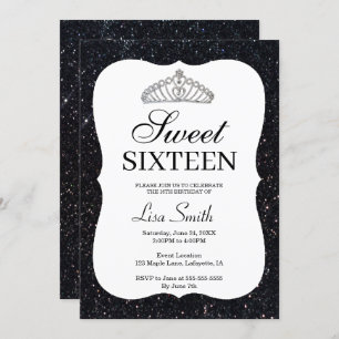 Elegant Chic Black Glitter Tiara Sweet 16 Invitation