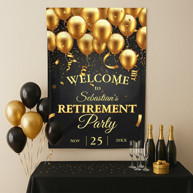 Elegant Chic Black Gold Balloons Retirement Party Banner (Creator Uploaded)