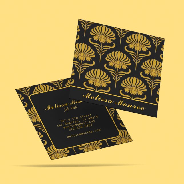 Elegant Chic Black & Gold Botanical Wildflowers Square Business Card (Creator Uploaded)